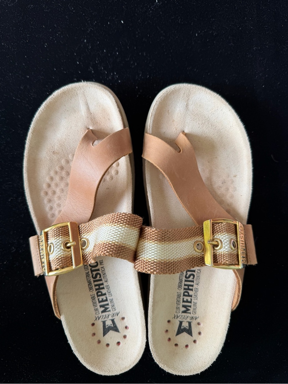 Mephisto Heike Camel Scratch Leather and Striped Fabric Gold Buckle Sandals